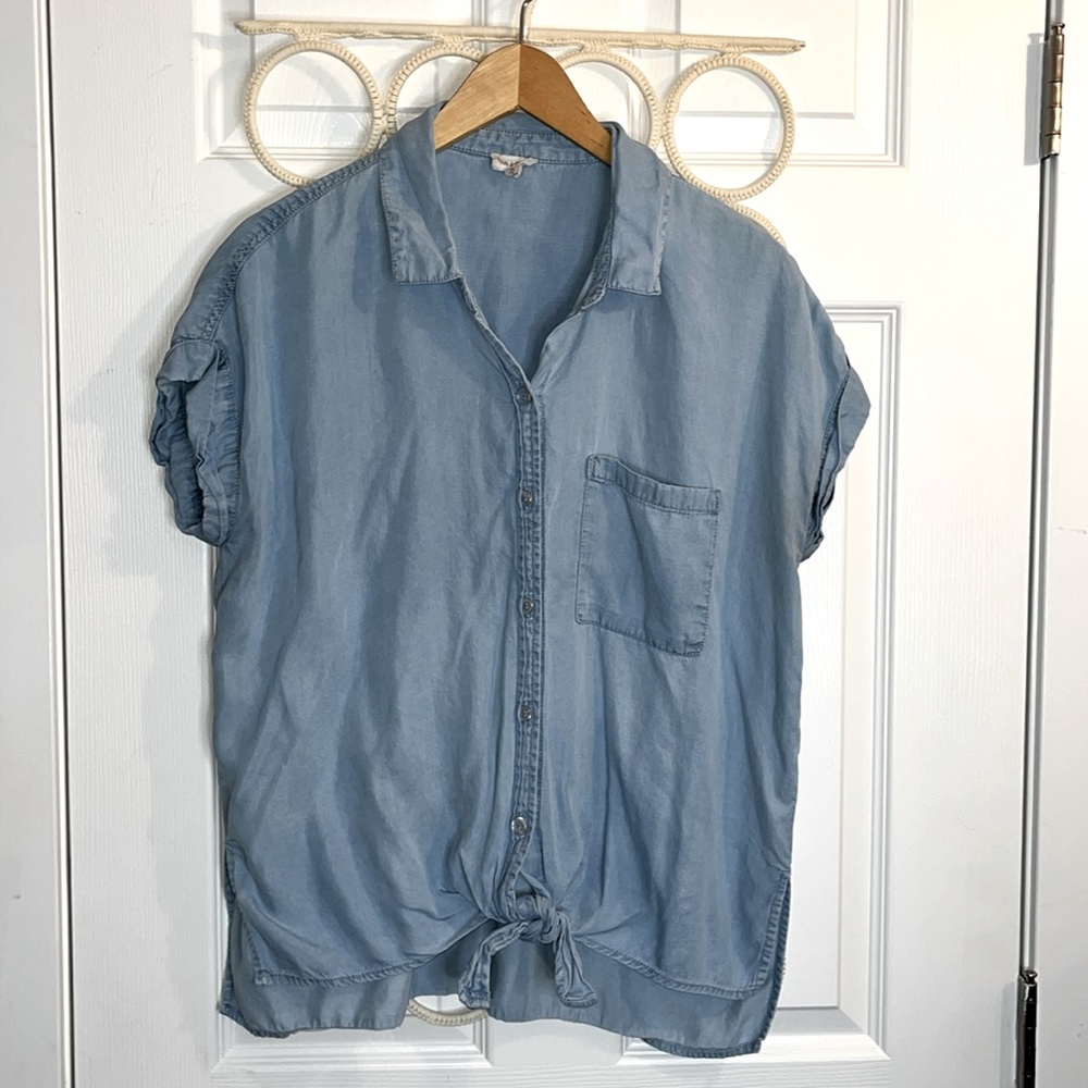 ☀️Hem & thread top women’s M blue denim -like tencel tie front high low